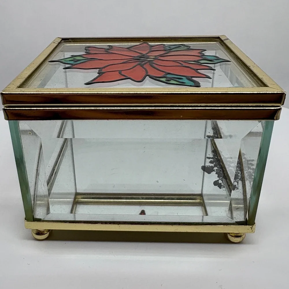 Vtg Glass Jewelry Box Poinsettia Stained Glass Hinged Keepsake Trinket Organizer